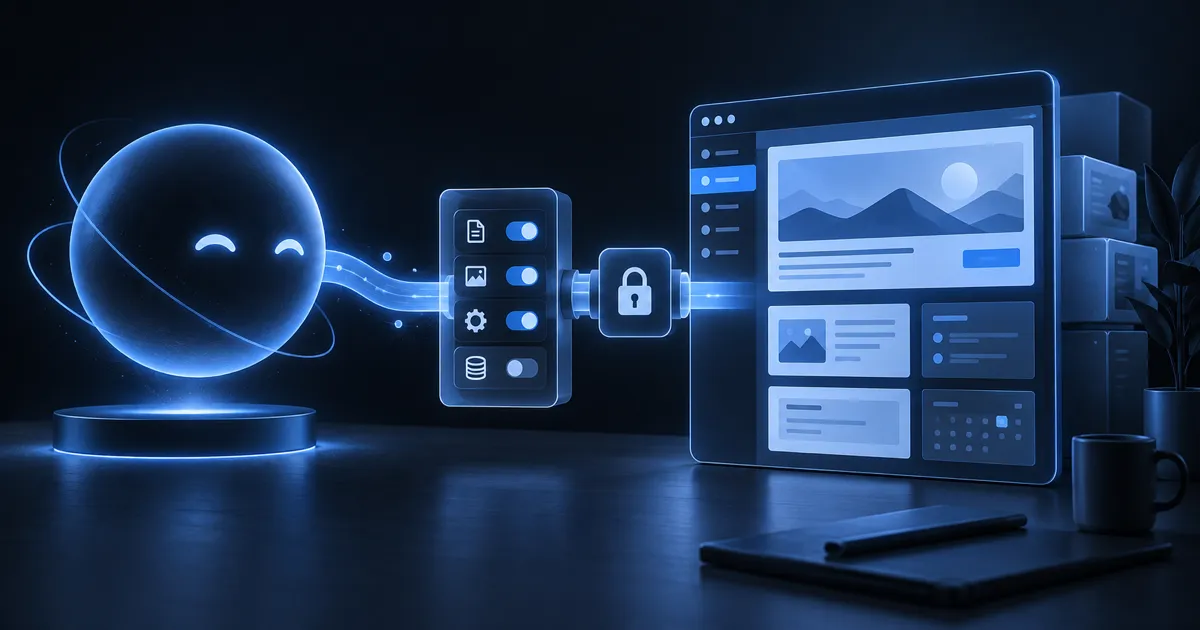 An AI assistant connected to a website dashboard through scoped controls and a secure permission gateway