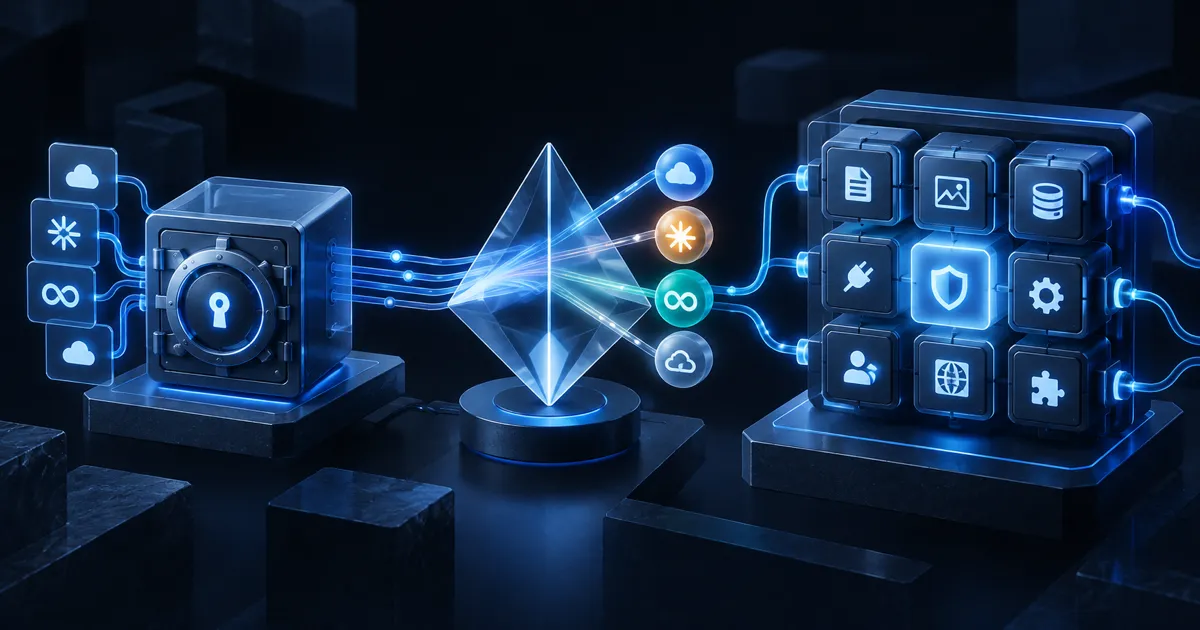 A credential store, an AI client, and an abilities registry shown as three connected architectural layers